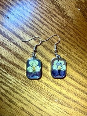 Handmade Yellow and Purple Pressed Flower Rectangle Dangle Earrings